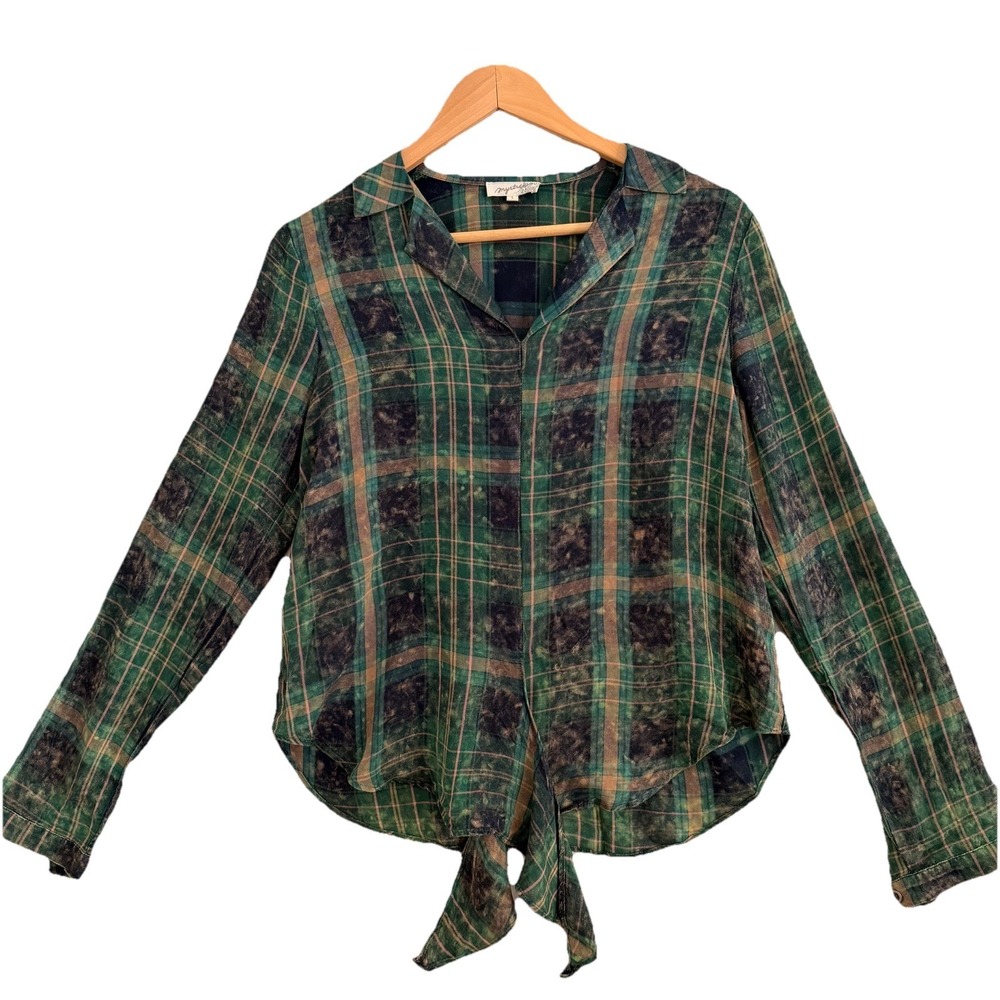 Mystree Button Up Blouse Women's Size‎ Small Lightweight Plaid Long Sleeve